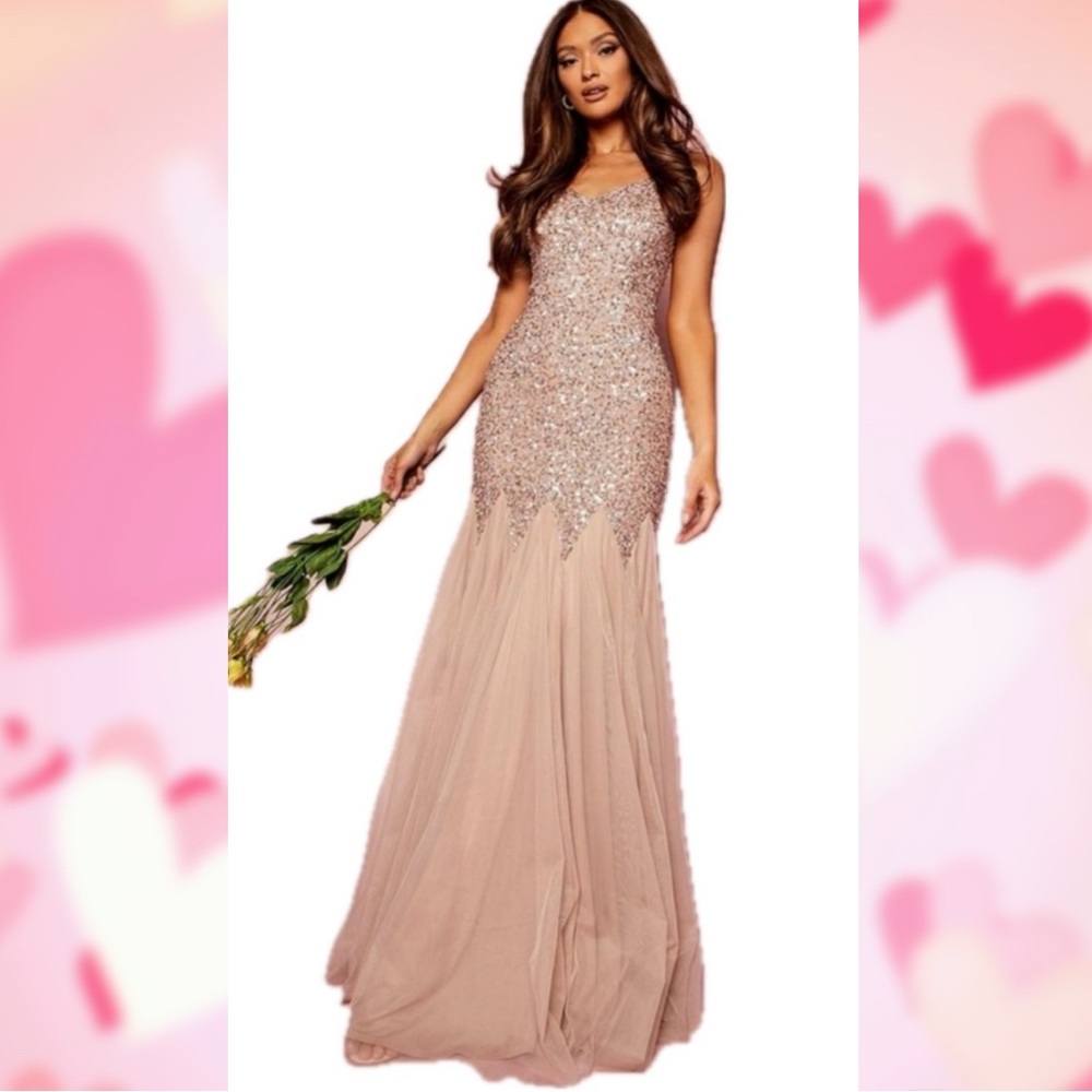 NWT BooHoo Occasion Fit n Flare Maxi Dress Blush Sequins sz 12